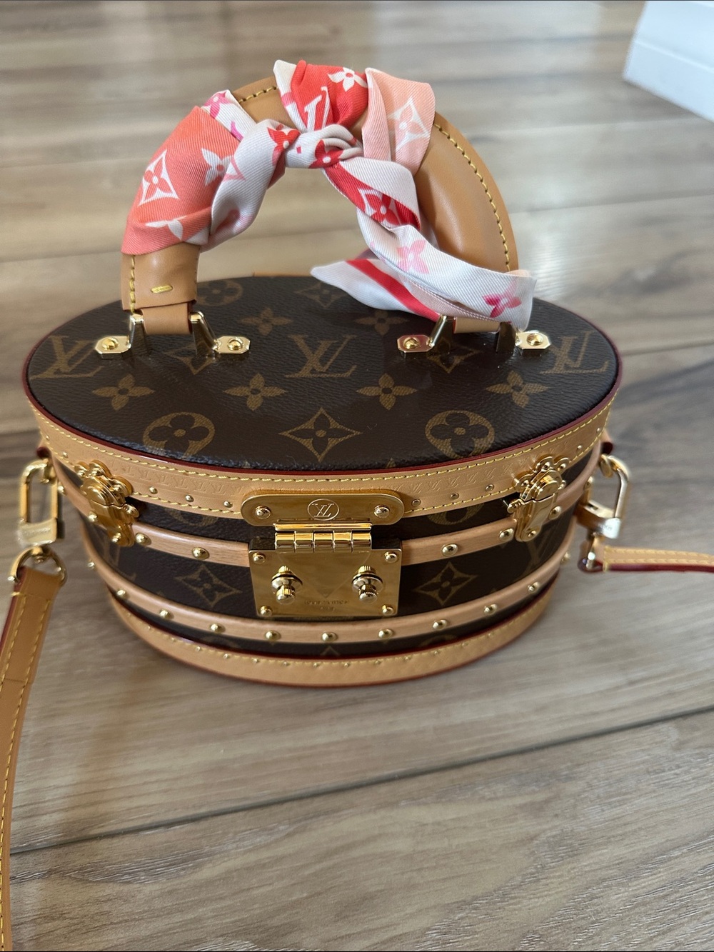 Louis Vuitton Monogram Petite Trunk Bag in Brown with Pink Scarf Accent